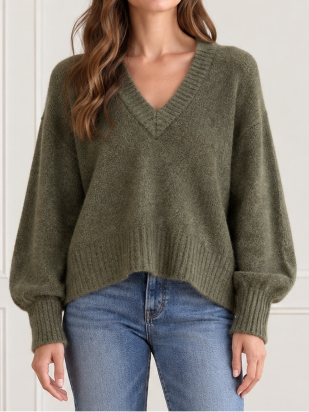 Elan Olive Green Wool Fox Blend Sweater Medium V Neck Balloon Sleeve Oversized